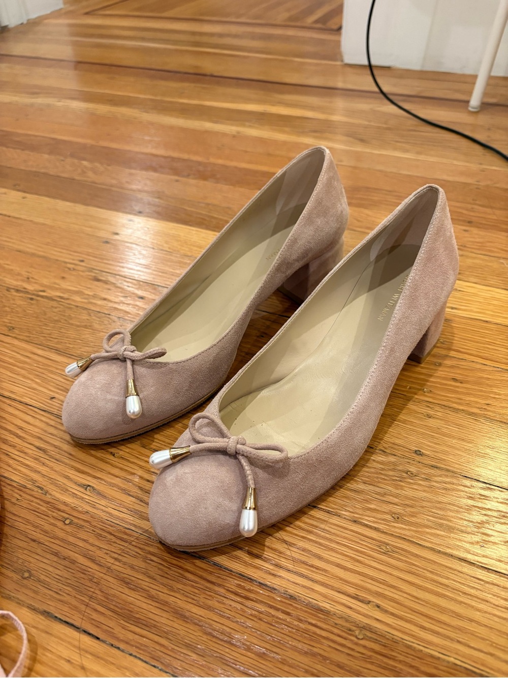 Stuart Weitzman Blush Pink Suede Bow Block Heel Pumps